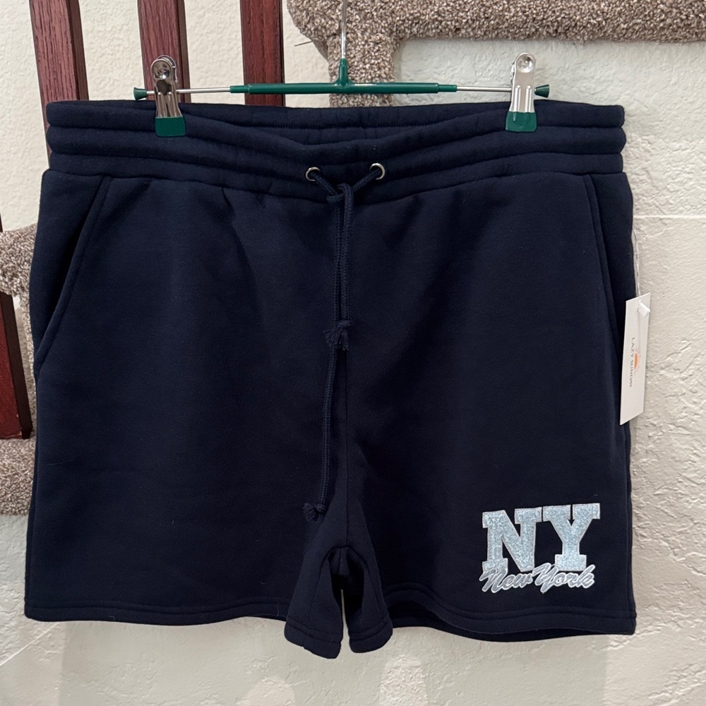 LAZY SUNDAY Women’s Navy Blue Terry High Waisted NY New York Shorts Size XL NWT